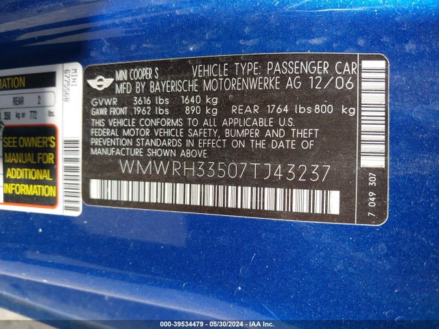2007 MINI COOPER S WMWRH33507TJ43237 Photo 8