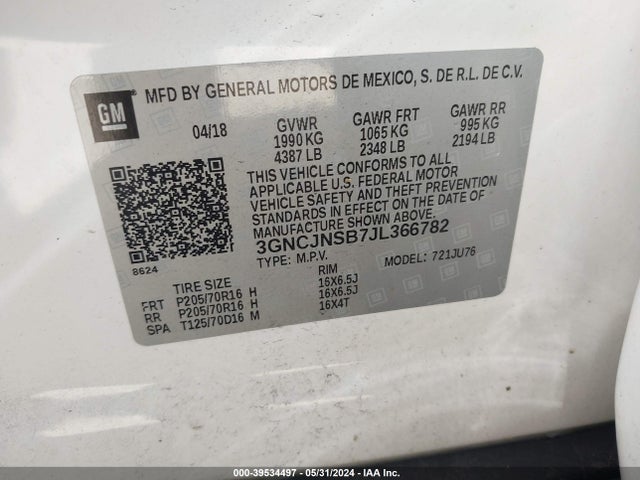 Chevrolet TRAX LS 2018 3GNCJNSB7JL366782 Image 9