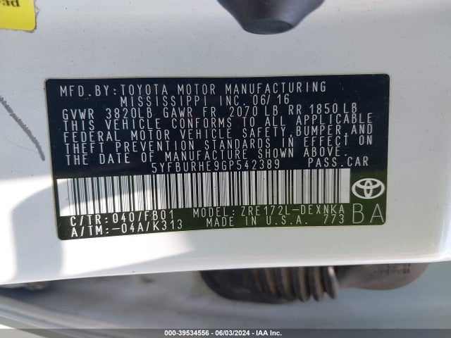 Toyota COROLLA LE 2016 5YFBURHE9GP542389 Image 9