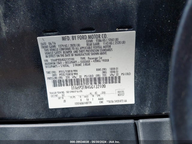 1FAHP2E84GG132100 Ford TAURUS SEL