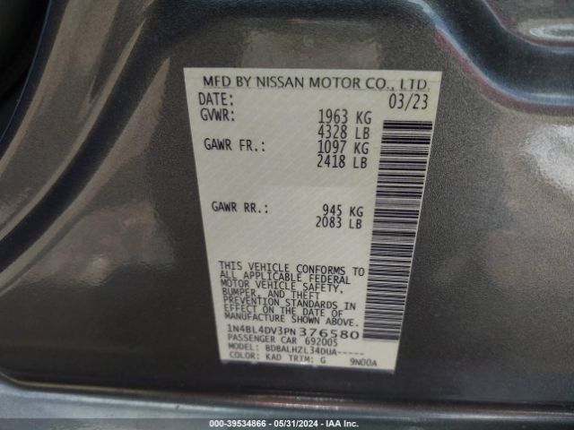 1N4BL4DV3PN376580 Nissan Altima Sv Fwd