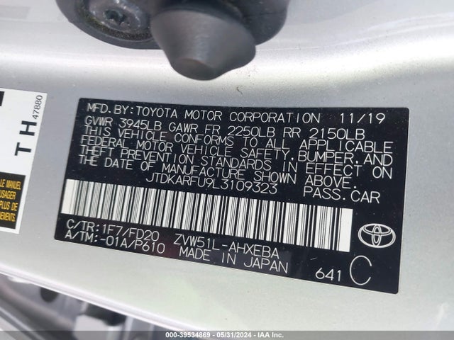Toyota Prius Le 2020 JTDKARFU9L3109323 Image 9