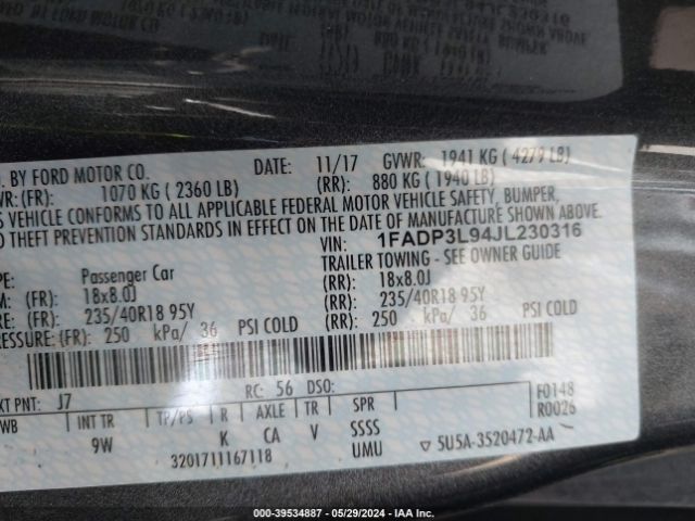 1FADP3L94JL230316 Ford FOCUS ST