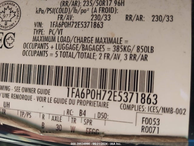 Ford FUSION SE 2014 1FA6P0H72E5371863 Image 9