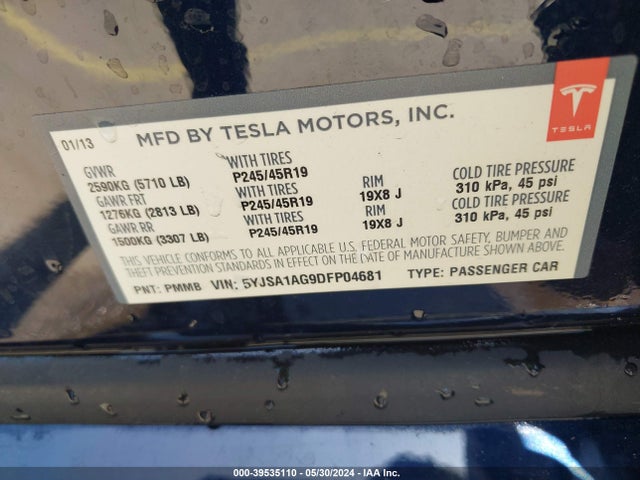 Aukcja sprzedaży 2013 Tesla Model S, vin: 5YJSA1AG9DFP04681, numer aukcji: 39535110
