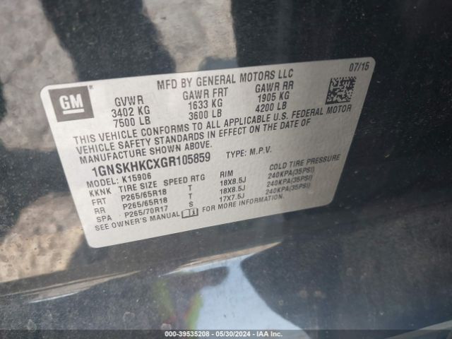 1GNSKHKCXGR105859 Chevrolet Suburban Lt