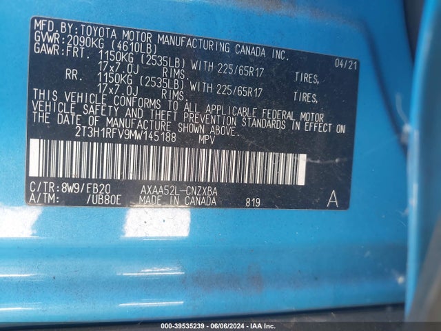 2T3H1RFV9MW145188 Toyota RAV4 LE