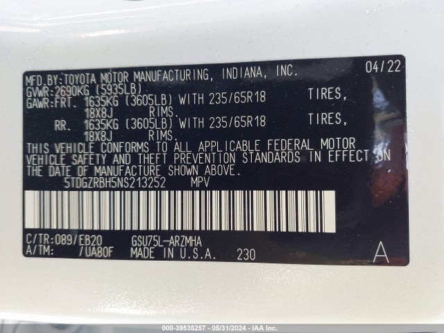 Toyota Highlander Xle 2022 5TDGZRBH5NS213252 Image 9