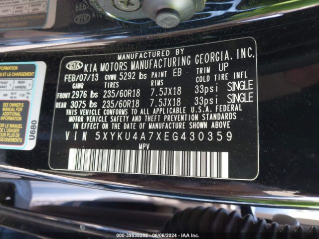 5XYKU4A7XEG430359 KIA Sorento Ex V6