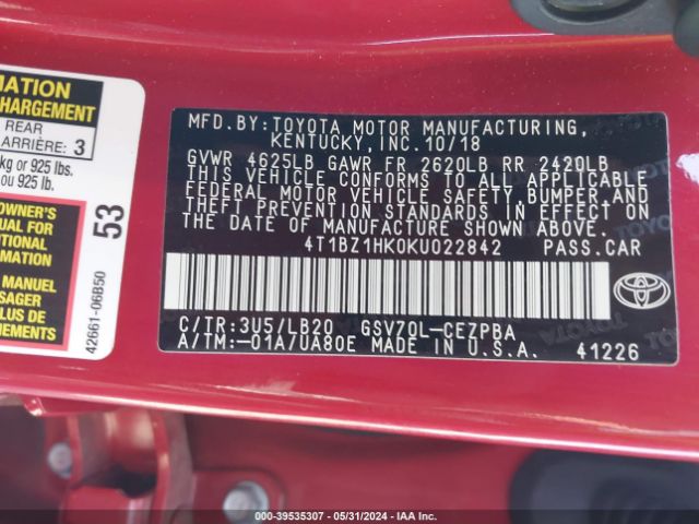 4T1BZ1HK0KU022842 Toyota Camry Xse V6