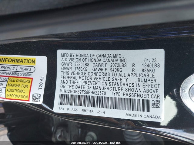 Honda Civic Sport 2023 2HGFE2F56PH522570 Image 9