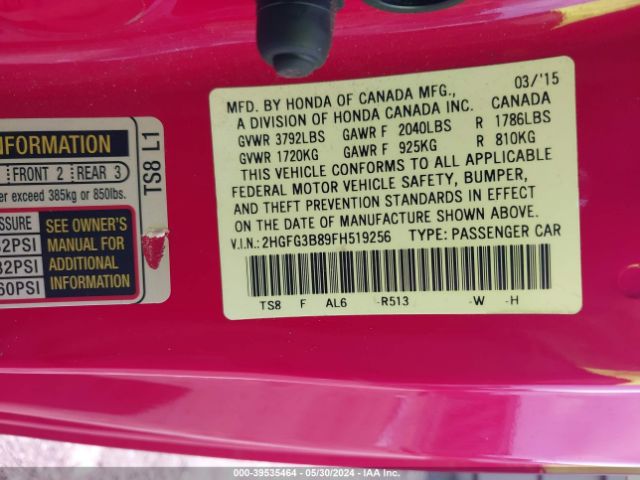 2HGFG3B89FH519256 Honda CIVIC EX