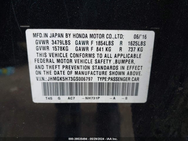 Honda FIT EX 2016 JHMGK5H73GS006797 Image 9