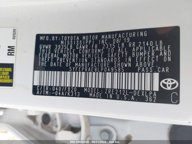 Toyota COROLLA LE 2020 5YFEPRAE8LP049585 Image 9