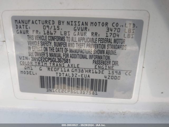 3N1CE2CP5GL357581 Nissan Versa Note S (sr)/s Plus/sl/sr/sv