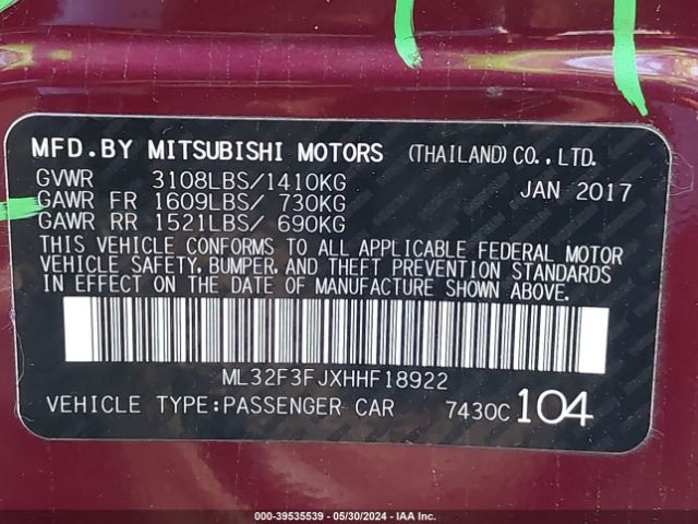 ML32F3FJXHHF18922 Mitsubishi Mirage G4 Es