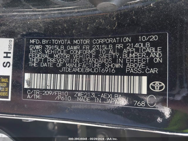 Toyota Corolla Hybrid Le 2021 JTDEAMDE8MJ016916 Image 9
