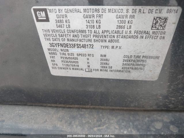 3GYFNDE33FS548172 Cadillac Srx Premium Collection