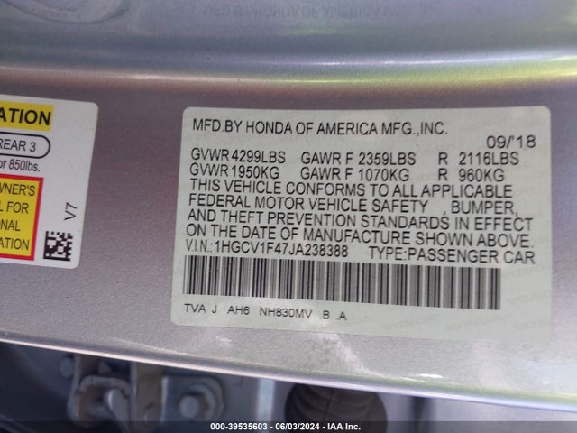 Honda ACCORD EX 2018 1HGCV1F47JA238388 Image 9
