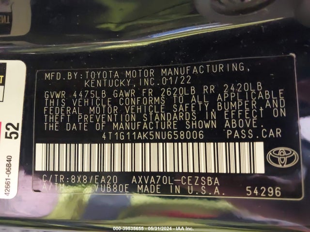 Toyota CAMRY SE 2022 4T1G11AK5NU658006 Image 9