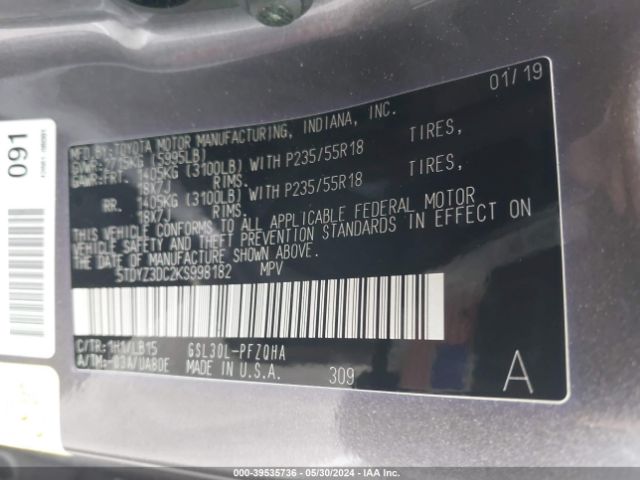 5TDYZ3DC2KS998182 Toyota Sienna Limited 7 Passenger