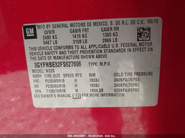 3GYFNBE32FS627806 Cadillac Srx Luxury Collection
