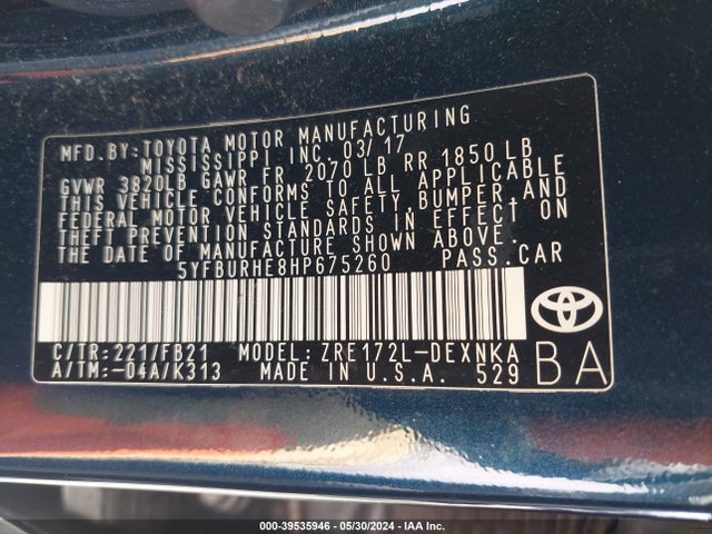Toyota COROLLA LE 2017 5YFBURHE8HP675260 Image 9