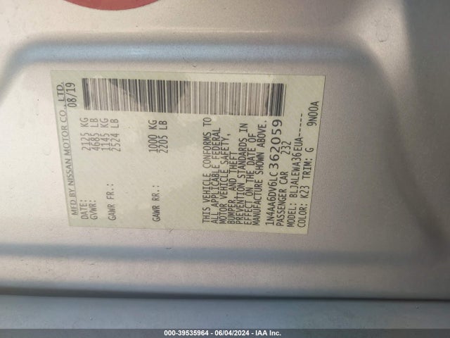 Nissan Maxima Sl Xtronic Cvt 2020 1N4AA6DV6LC362059 Image 9