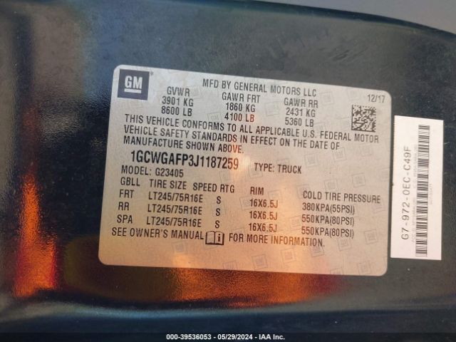 1GCWGAFP3J1187259 Chevrolet Express 2500 Work Van