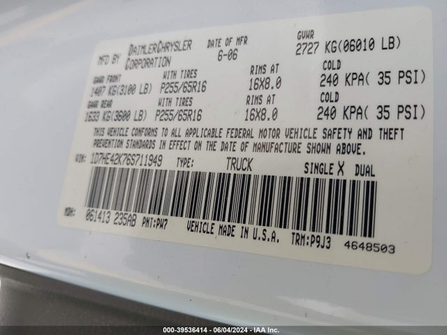 39536414 :رقم المزاد ، 1D7HE42K76S711949 vin ، 2006 Dodge Dakota Slt مزاد بيع