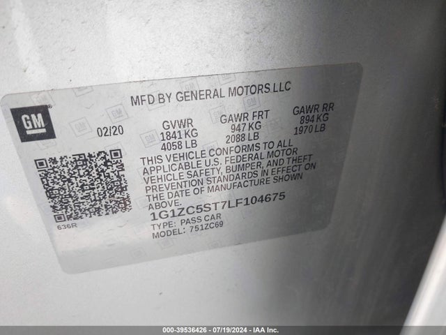 Chevrolet lfv - direct injection, variable valve timing, gen 1 2020 1G1ZC5ST7LF104675 Image 9
