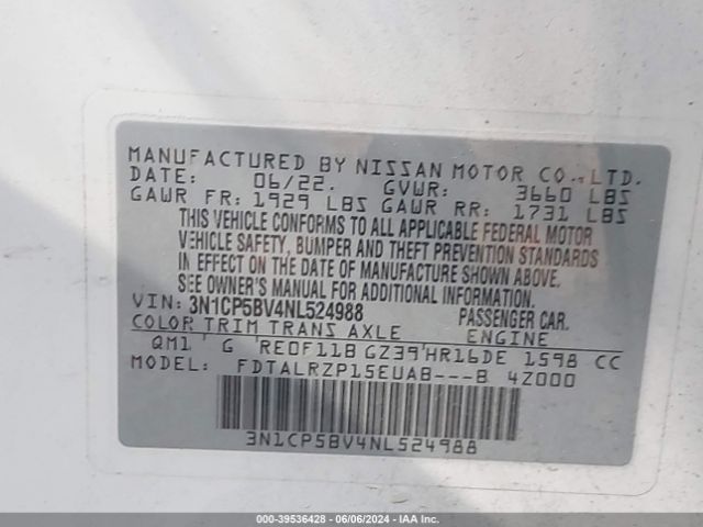 3N1CP5BV4NL524988 Nissan Kicks S Xtronic Cvt