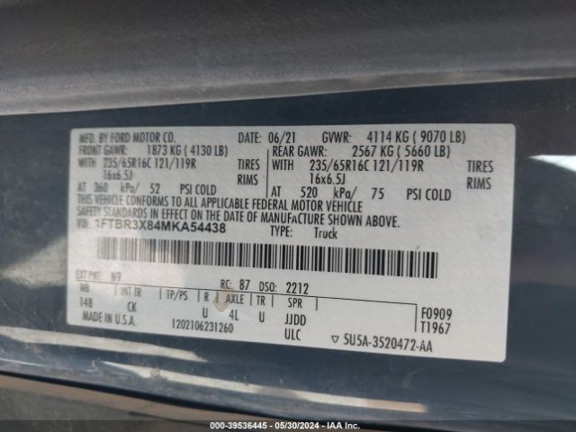 1FTBR3X84MKA54438 Ford Transit-250 Cargo Van
