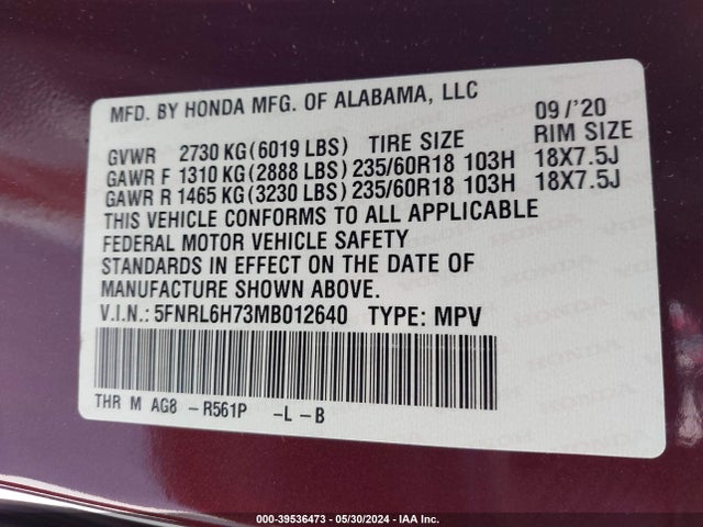 Honda Odyssey Ex-l 2021 5FNRL6H73MB012640 Image 9