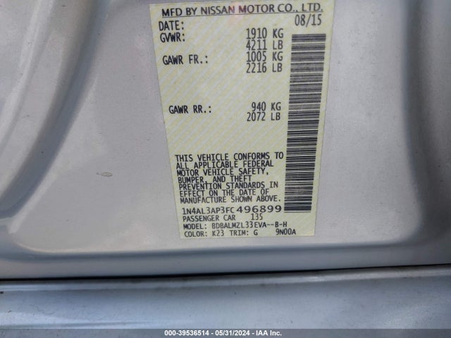 Nissan Altima 2.5 Sv 2015 1N4AL3AP3FC496899 Image 9
