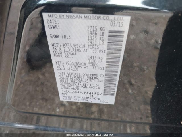 5N1AR2MM4FC660967 Nissan Pathfinder Platinum/s/sl/sv