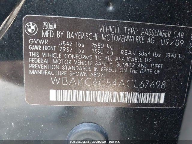 Продаж на аукціоні авто 2010 Bmw 750i Xdrive, vin: WBAKC6C54ACL67698, номер лоту: 39536583