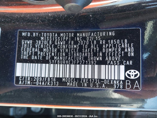 Toyota COROLLA LE 2015 5YFBURHE3FP271392 Image 9