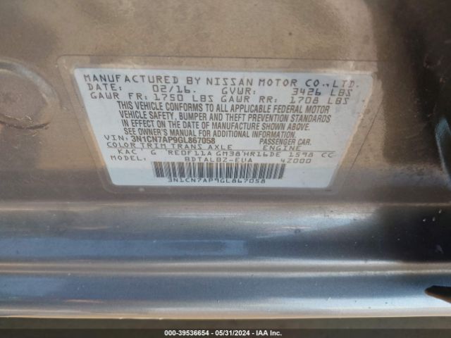 3N1CN7AP9GL867058 Nissan Versa 1.6 S/1.6 S+/1.6 Sl/1.6 Sv