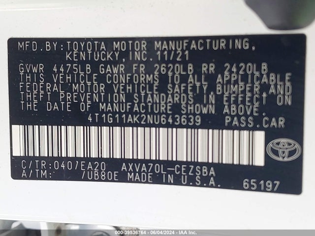 Toyota CAMRY SE 2022 4T1G11AK2NU643639 Image 9