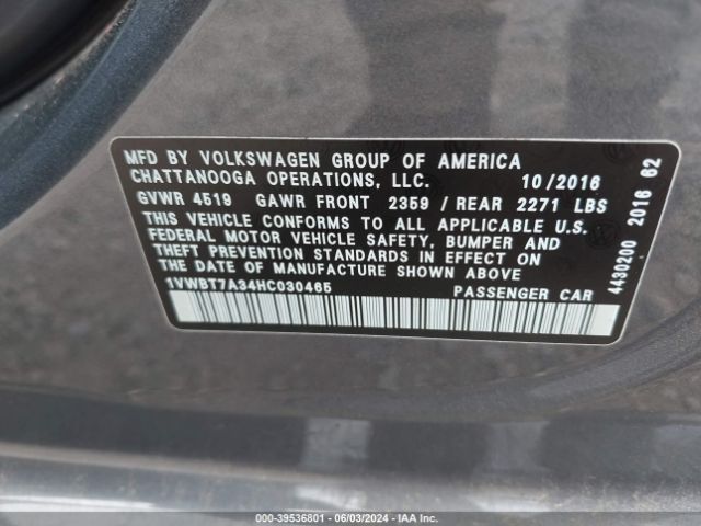 1VWBT7A34HC030465 Volkswagen Passat 1.8t Se