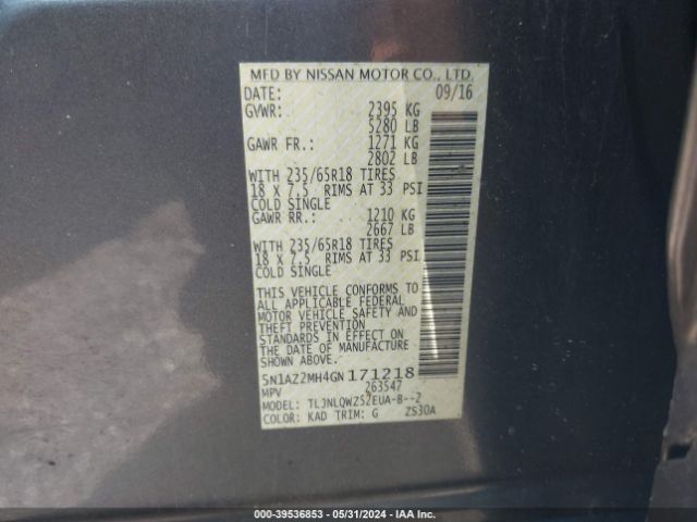 5N1AZ2MH4GN171218 Nissan MURANO SV