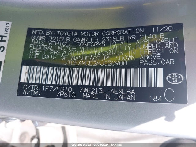 Toyota Corolla Hybrid Le 2021 JTDEAMDE2MJ020900 Image 9