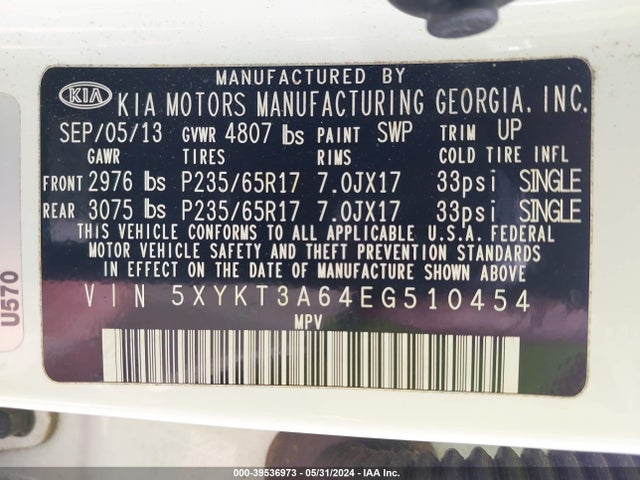 KIA SORENTO LX 2014 5XYKT3A64EG510454 Image 9