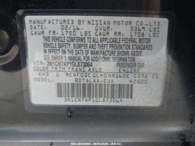 Nissan Versa 1.6 S 2016 3N1CN7AP1GL873064 Image 9