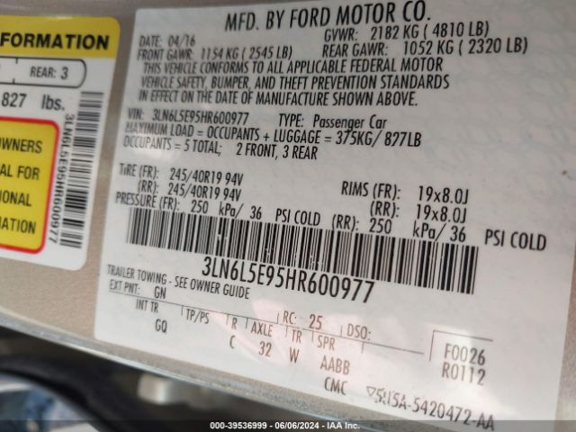 3LN6L5E95HR600977 Lincoln Mkz Reserve