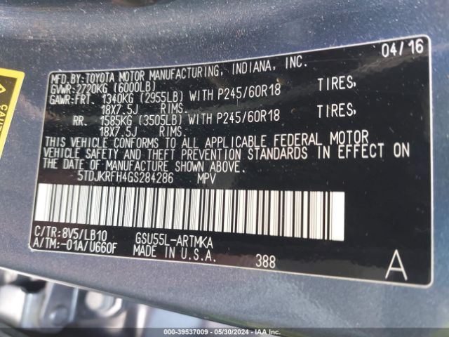 5TDJKRFH4GS284286 Toyota Highlander Xle V6