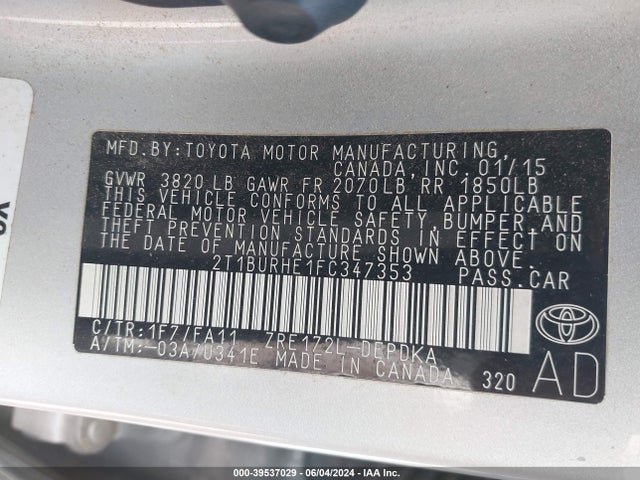 Toyota COROLLA L 2015 2T1BURHE1FC347353 Image 9