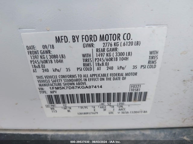 Ford EXPLORER XLT 2019 1FM5K7D87KGA07414 Image 9