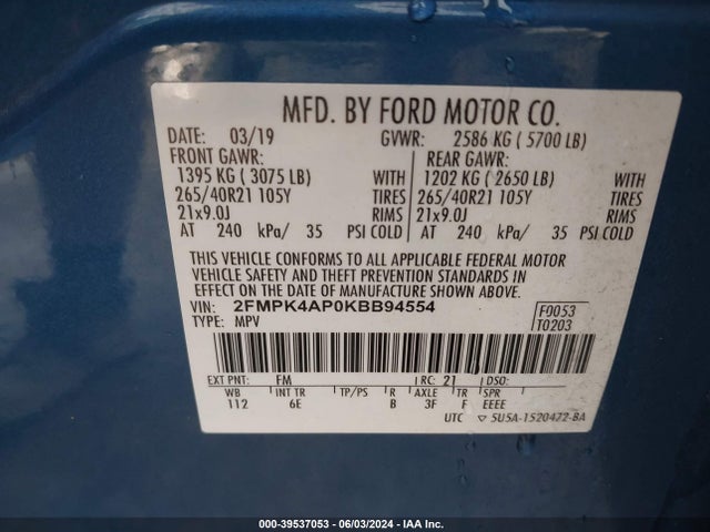 Ford EDGE ST 2019 2FMPK4AP0KBB94554 Image 9